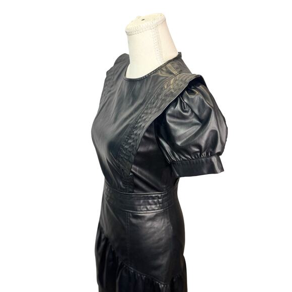 Zara Faux Leather Mini Dress Black Women's XS Ruffle Puff Flounce Hem Coquette - Picture 6 of 16